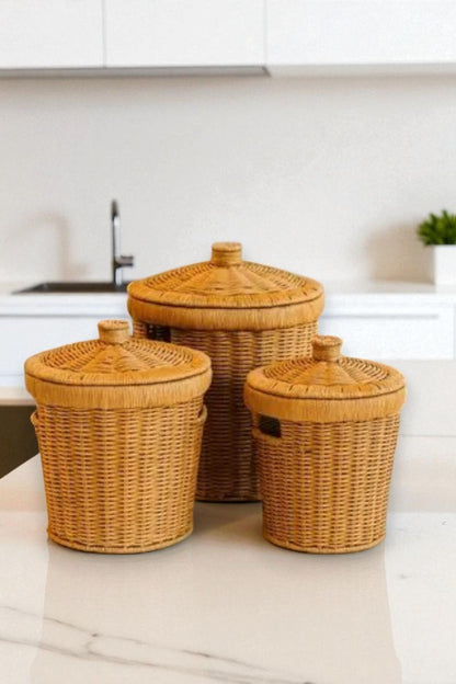 3’lü Rattan Patates Soğan Sarımsak Sepeti Seti – Kapaklı Dekoratif Sebzelik & Düzenleyici