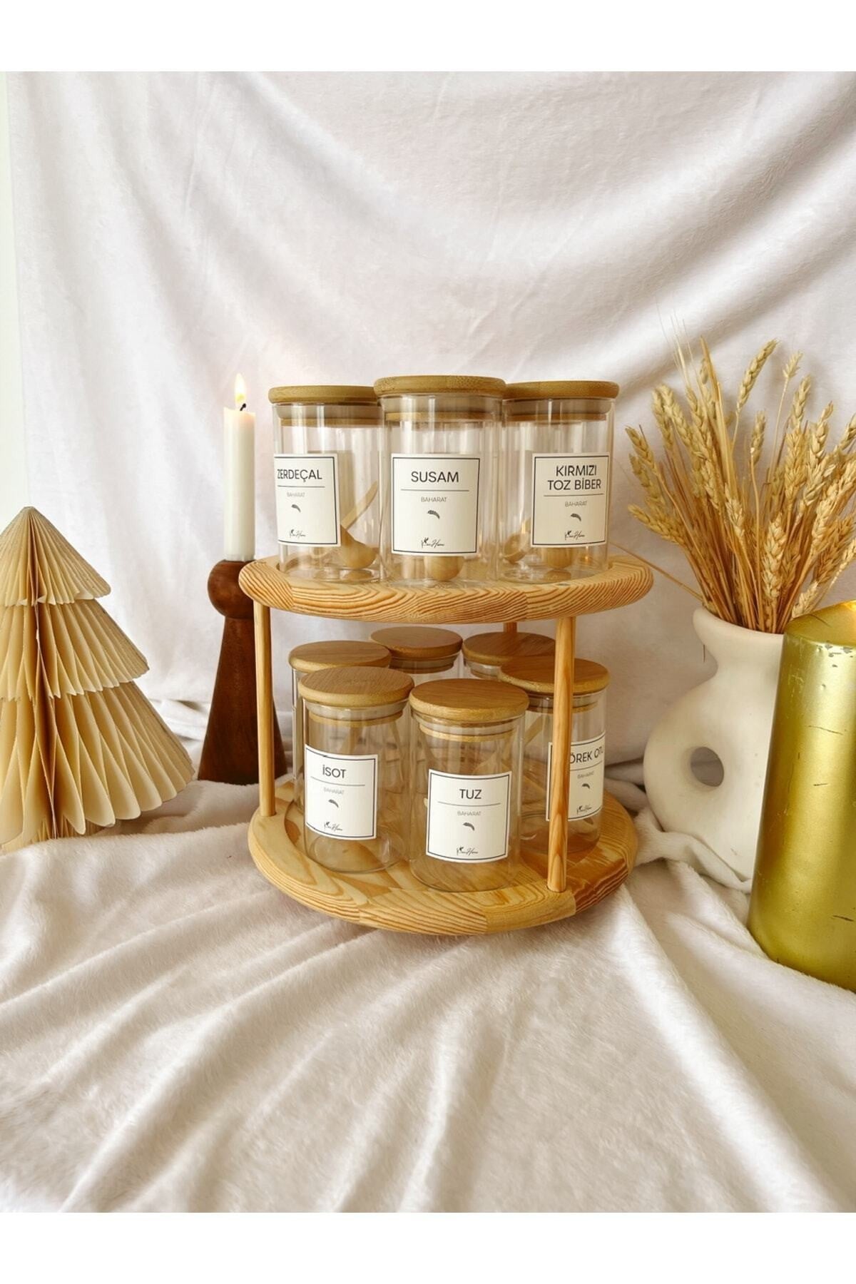 6lı Ahşap Döner Standlı Baharat Seti 350ml 6 Adet Ahşap Kaşık