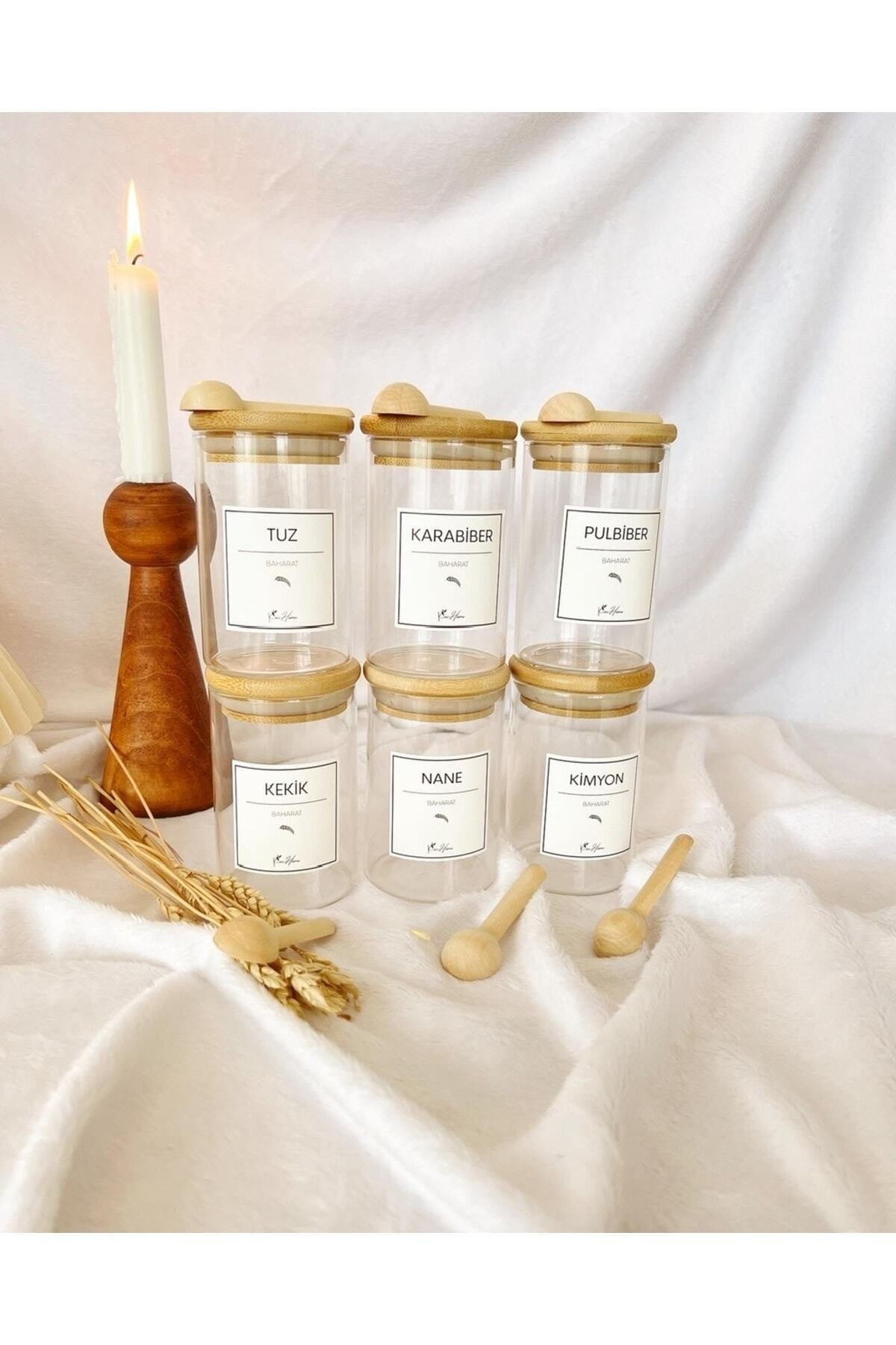 6lı Ahşap Döner Standlı Baharat Seti 350ml 6 Adet Ahşap Kaşık
