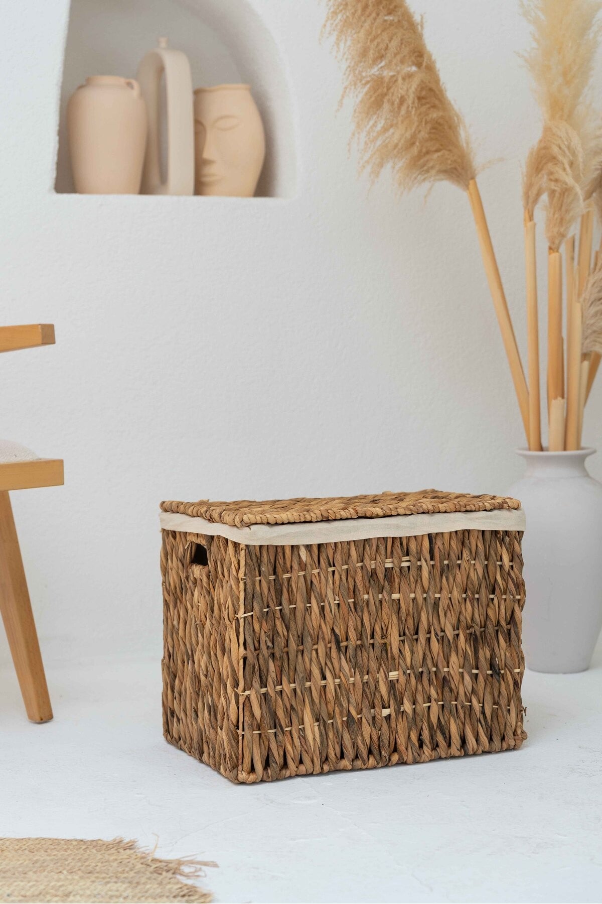 Hasır Su Sümbülü Kapaklı Orta Boy Sandık Model 51x34x40cm Düzenleyici/Organizer/Çamaşır Sepeti