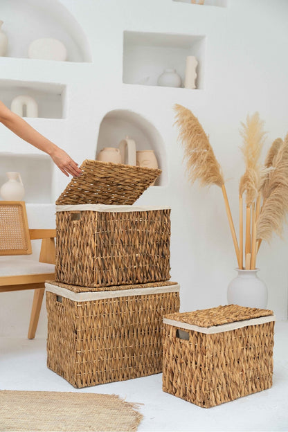 Hasır Su Sümbülü Kapaklı Büyük Boy Sandık Model 56x39x44 cm Düzenleyici/Organizer/Çamaşır Sepeti