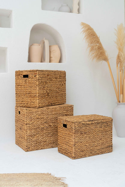 Hasır Su Sümbülü Kapaklı 46x29x34 Boy Sandık Düzenleyici/Organizer/Çamaşır Sepeti/Oyuncak Sepeti