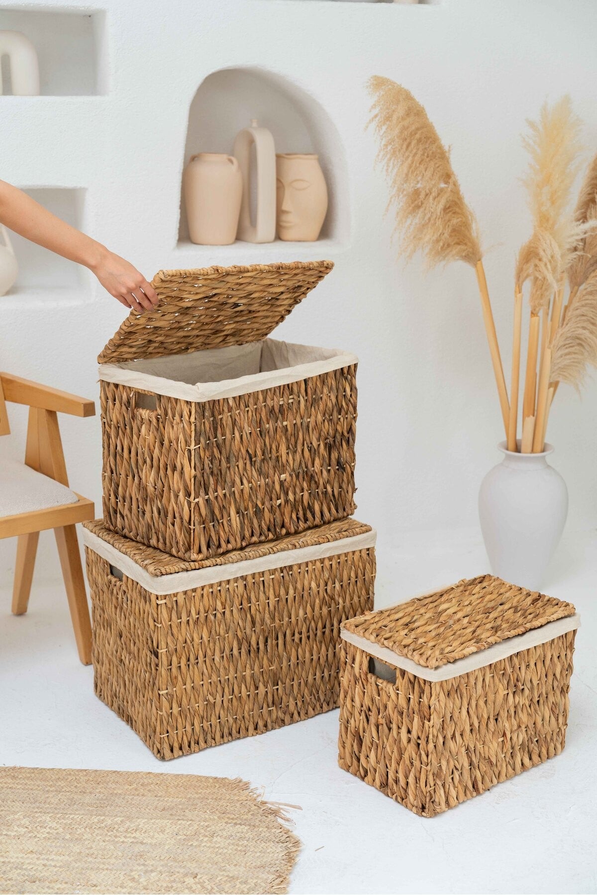 Hasır Su Sümbülü Kapaklı Orta Boy Sandık Model 51x34x40cm Düzenleyici/Organizer/Çamaşır Sepeti