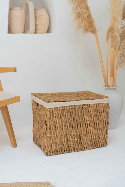 Hasır Su Sümbülü Kapaklı Büyük Boy Sandık Model 56x39x44 cm Düzenleyici/Organizer/Çamaşır Sepeti