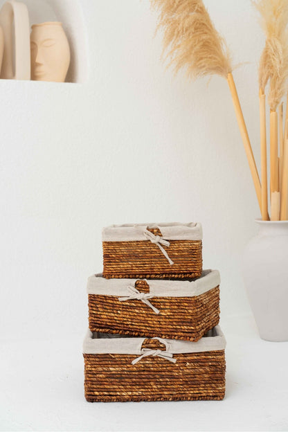 Hasır Iç Korumalı Küçük Boy Kapaklı Sepet ve 3 Adet Organizer D Model Çamaşır Sepet Seti