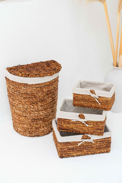Hasır Iç Korumalı Küçük Boy Kapaklı Sepet ve 3 Adet Organizer D Model Çamaşır Sepet Seti