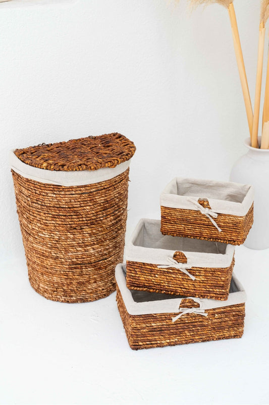 Hasır Iç Korumalı Küçük Boy Kapaklı Sepet ve 3 Adet Organizer D Model Çamaşır Sepet Seti