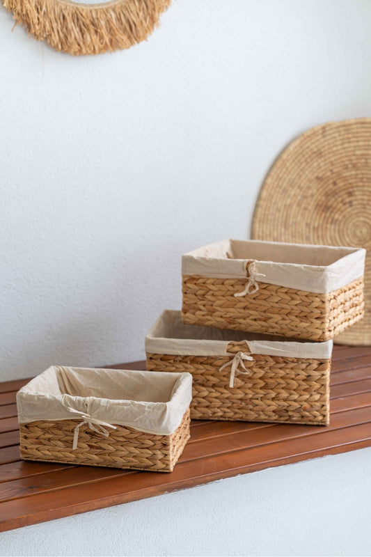 Doğal Hasır İç Korumalı 3’lü Organizer Sepet Seti – Dolap, Banyo, Mutfak ve Salon Düzenleyici