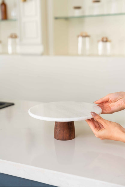 Doğal Mermer Ahşap Ayaklı Pasta Kek Standı Sunumluk