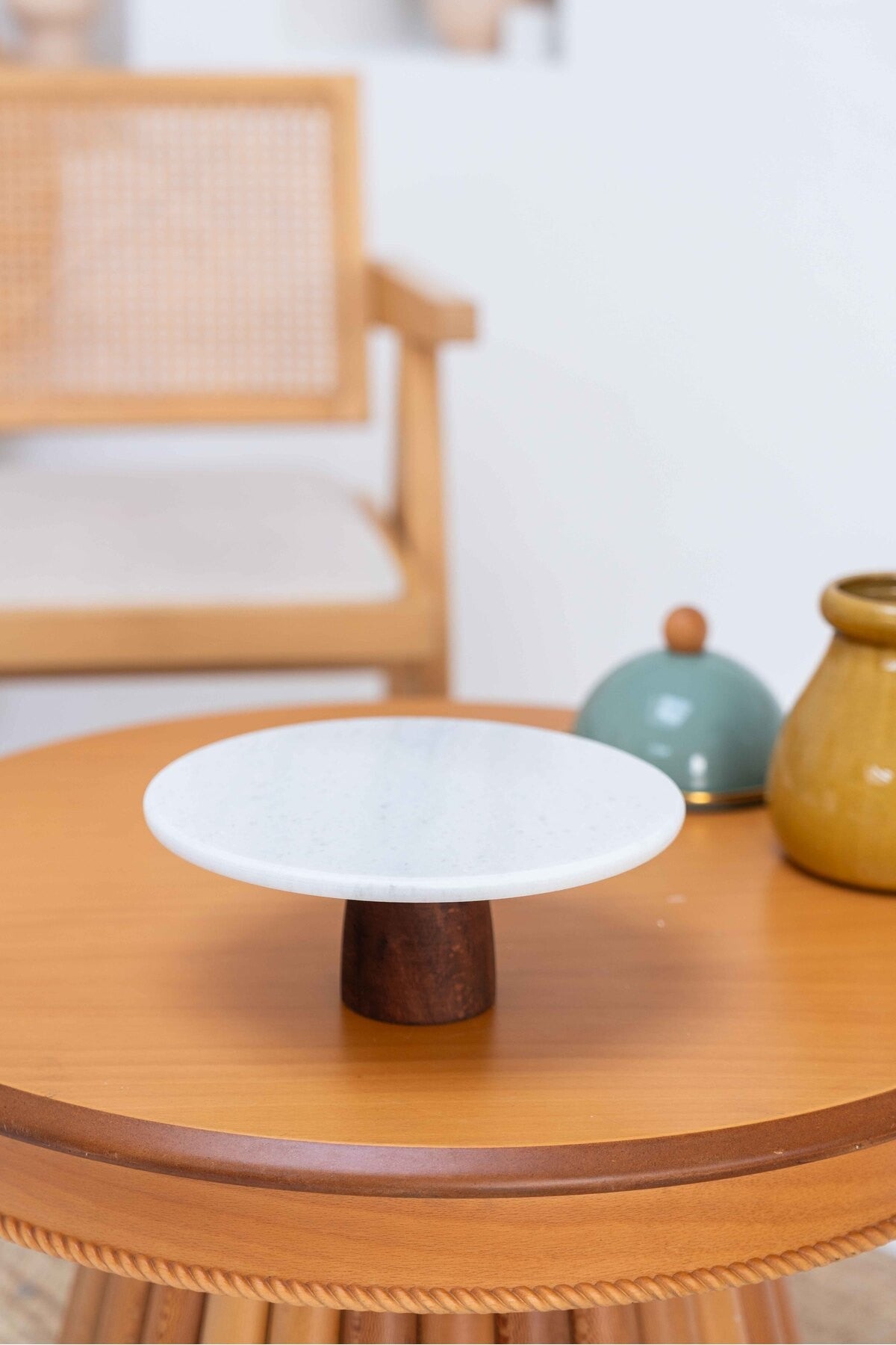 Doğal Mermer Ahşap Ayaklı Pasta Kek Standı Sunumluk