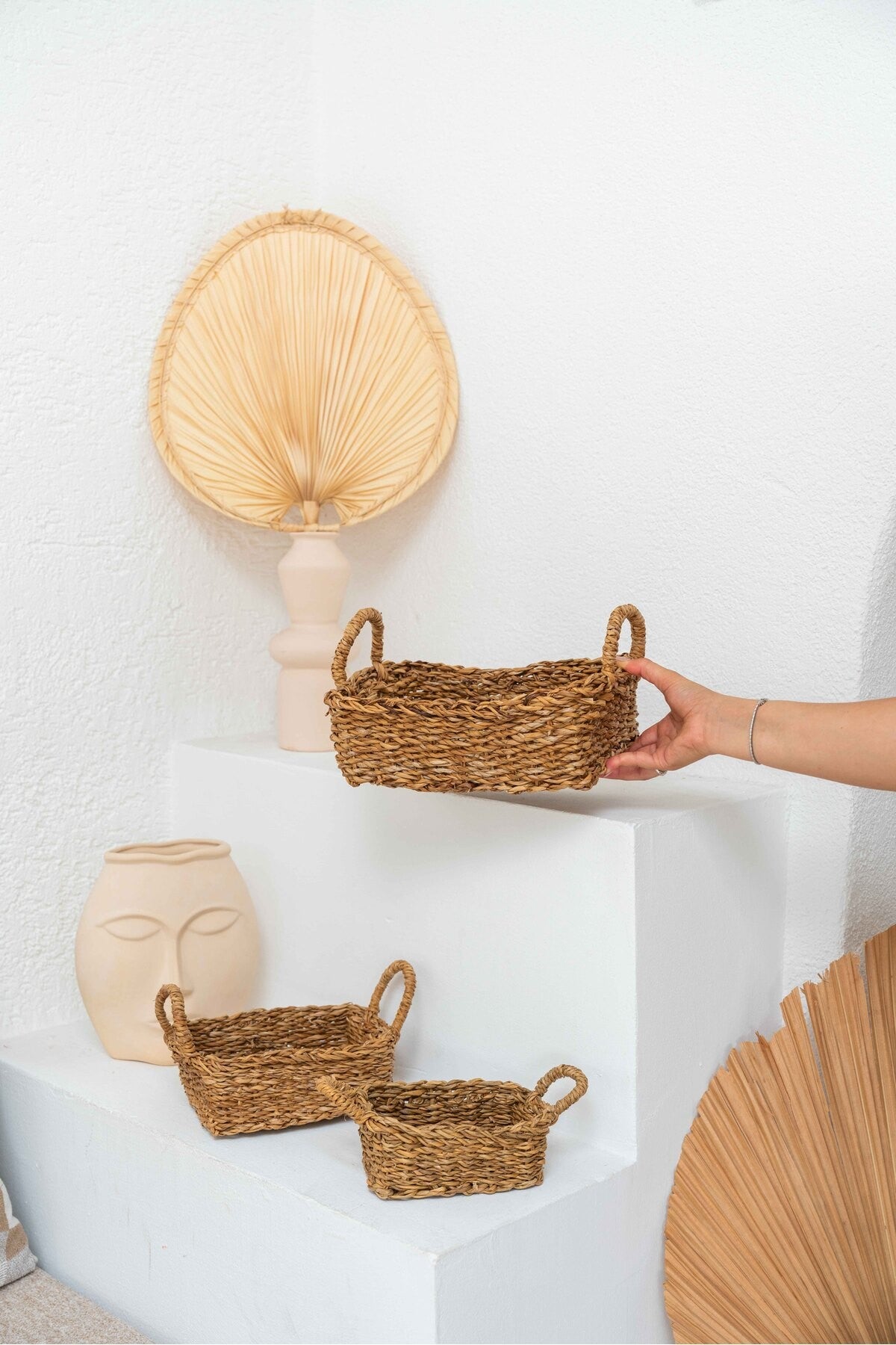 Hasır Dikdörtgen Seagrass 3lü Sepet/Düzenleyici/Banyo Düzenleyici