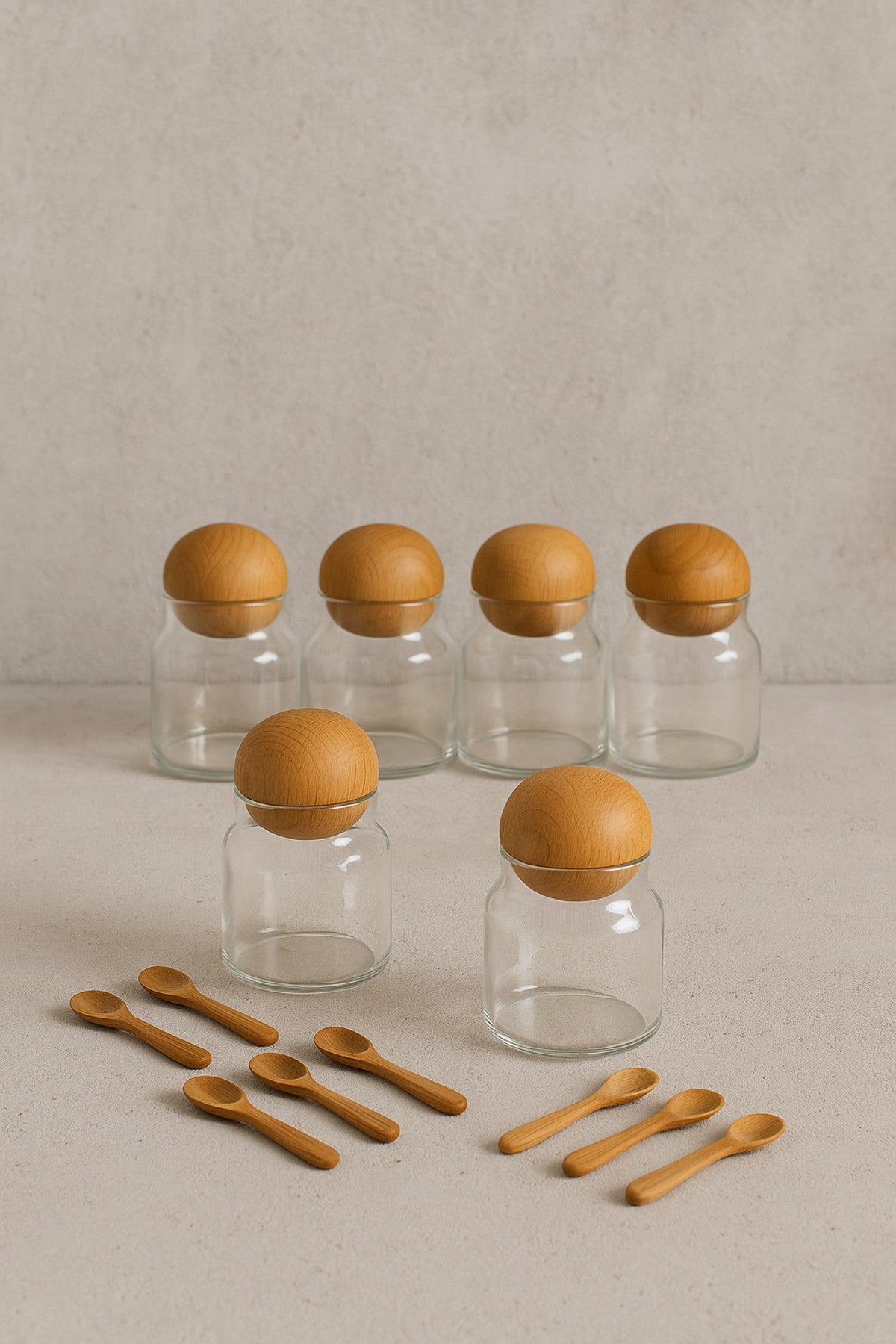 6'lı Top Kapaklı 300ml Cam Baharat Kavanozu + 6 Adet Ahşap Kaşık
