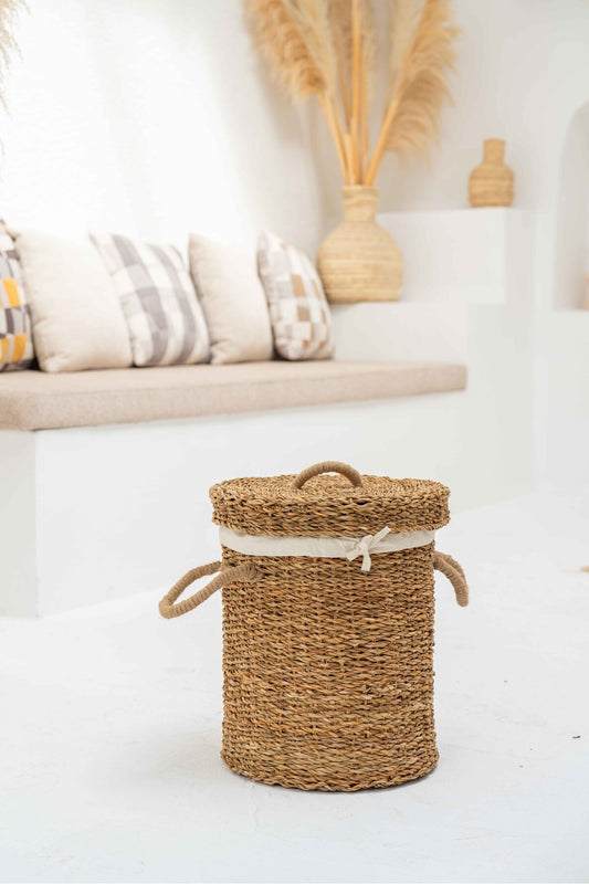 Hasır Iç Korumalı Kapaklı Yuvarlak Küçük Model Çamaşır Sepeti