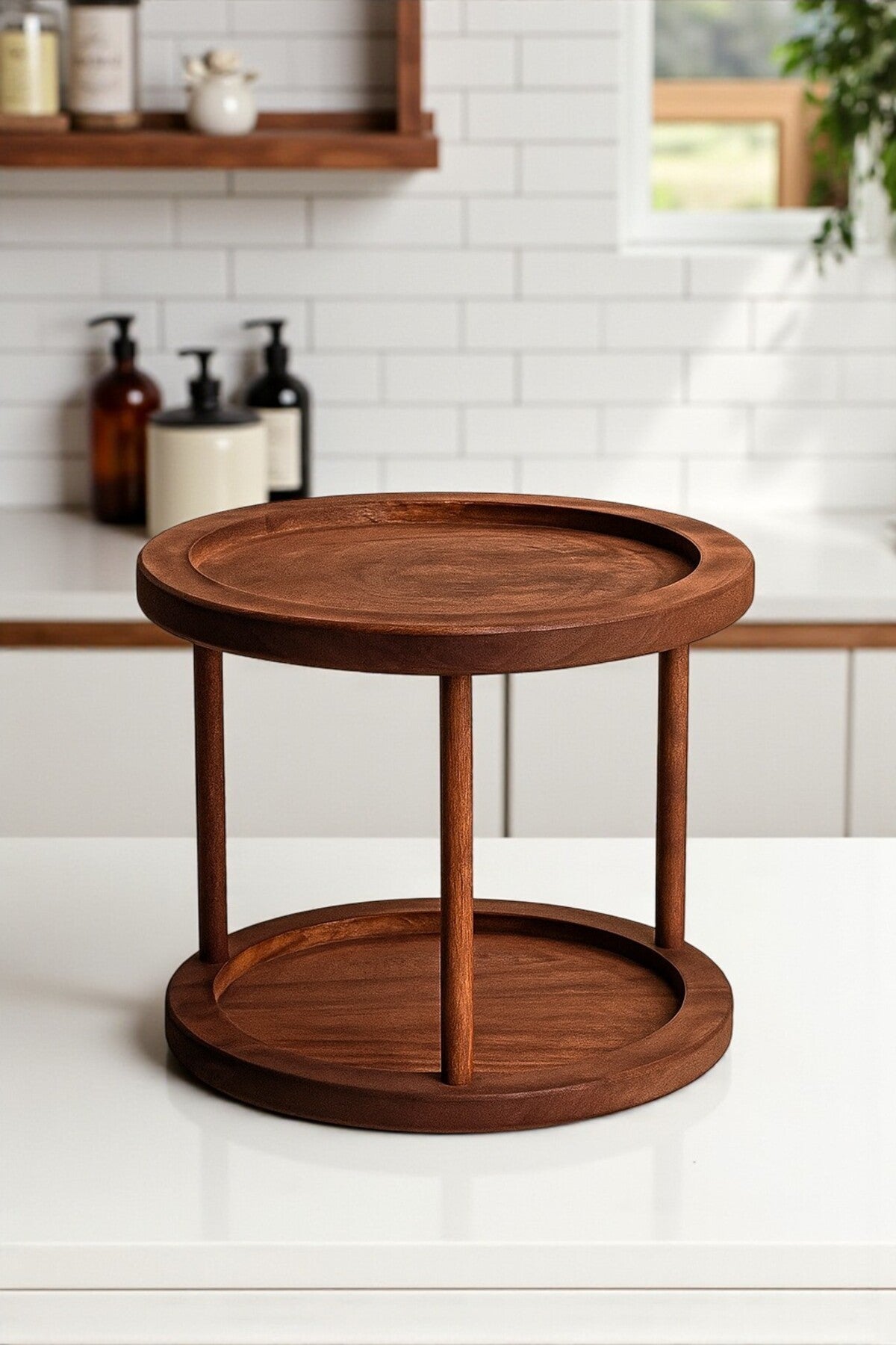 Ahşap Koyu Renk Döner Stand 2 Katlı Sunumluk/Düzenleyici