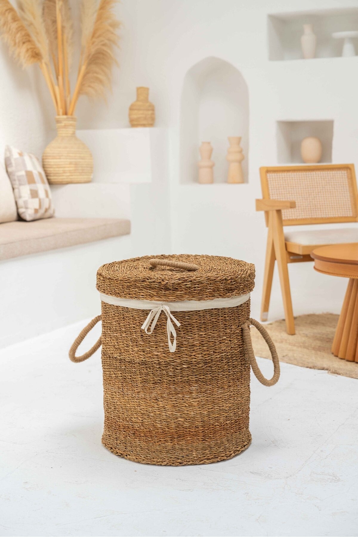 Hasır Kapaklı Ve Kulplu Orta Boy Çamaşır Sepeti/düzenleyici Naturel