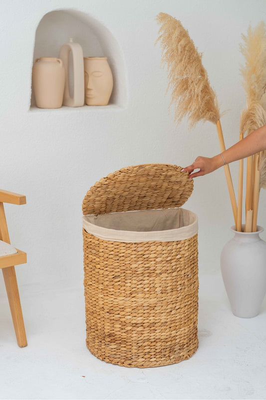 Hasır Su Sümbülü Büyük Boy Kapaklı D Model Açık Renk Çamaşır Sepeti Düzenleyici