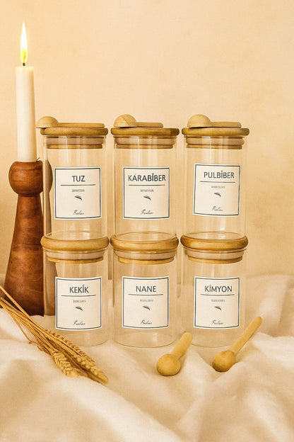 Bambu Vakum Kapaklı 300ml 6lı Cam Baharat Seti 6 Adet Ahşap Kaşık