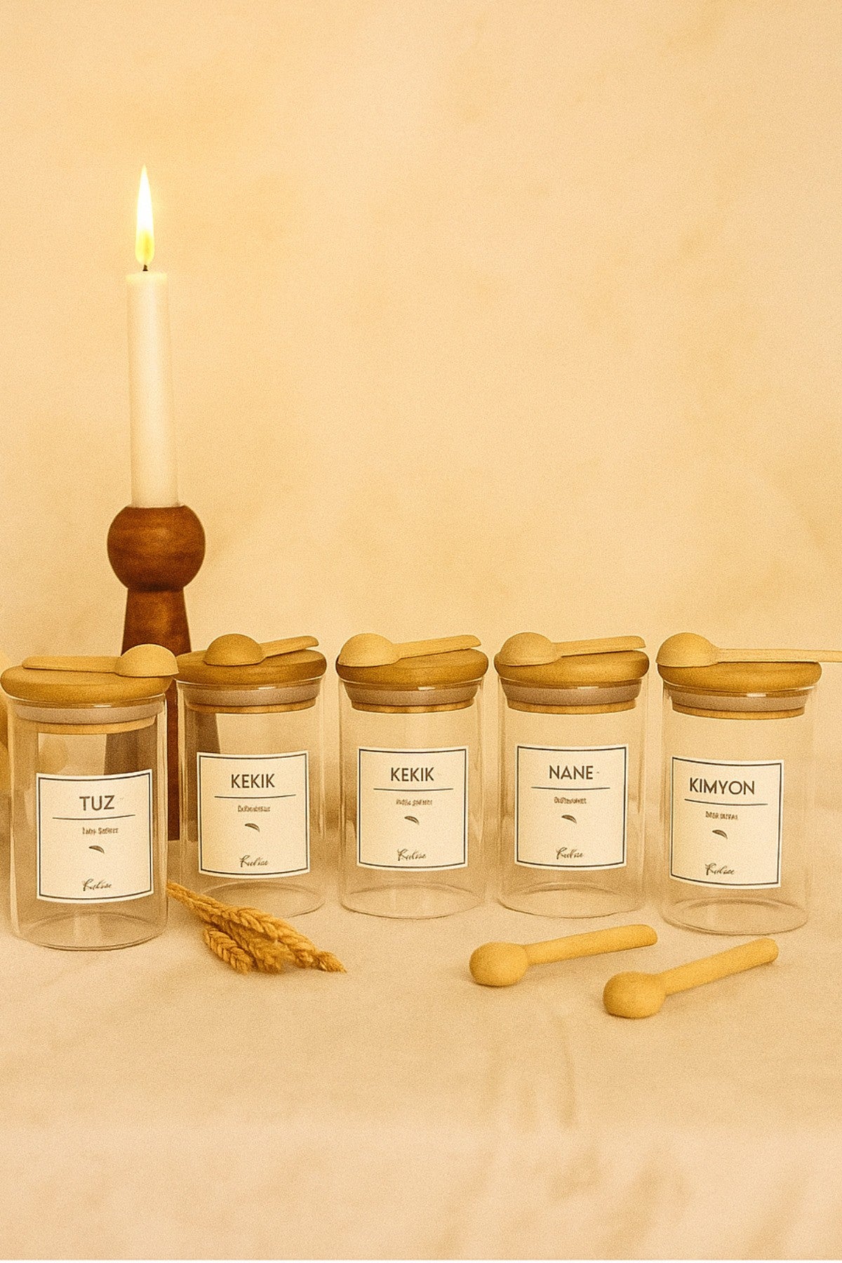 Bambu Vakum Kapaklı 300ml 6lı Cam Baharat Seti 6 Adet Ahşap Kaşık