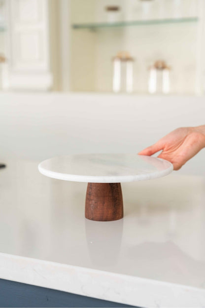 Doğal Mermer Ahşap Ayaklı Pasta Kek Standı Sunumluk