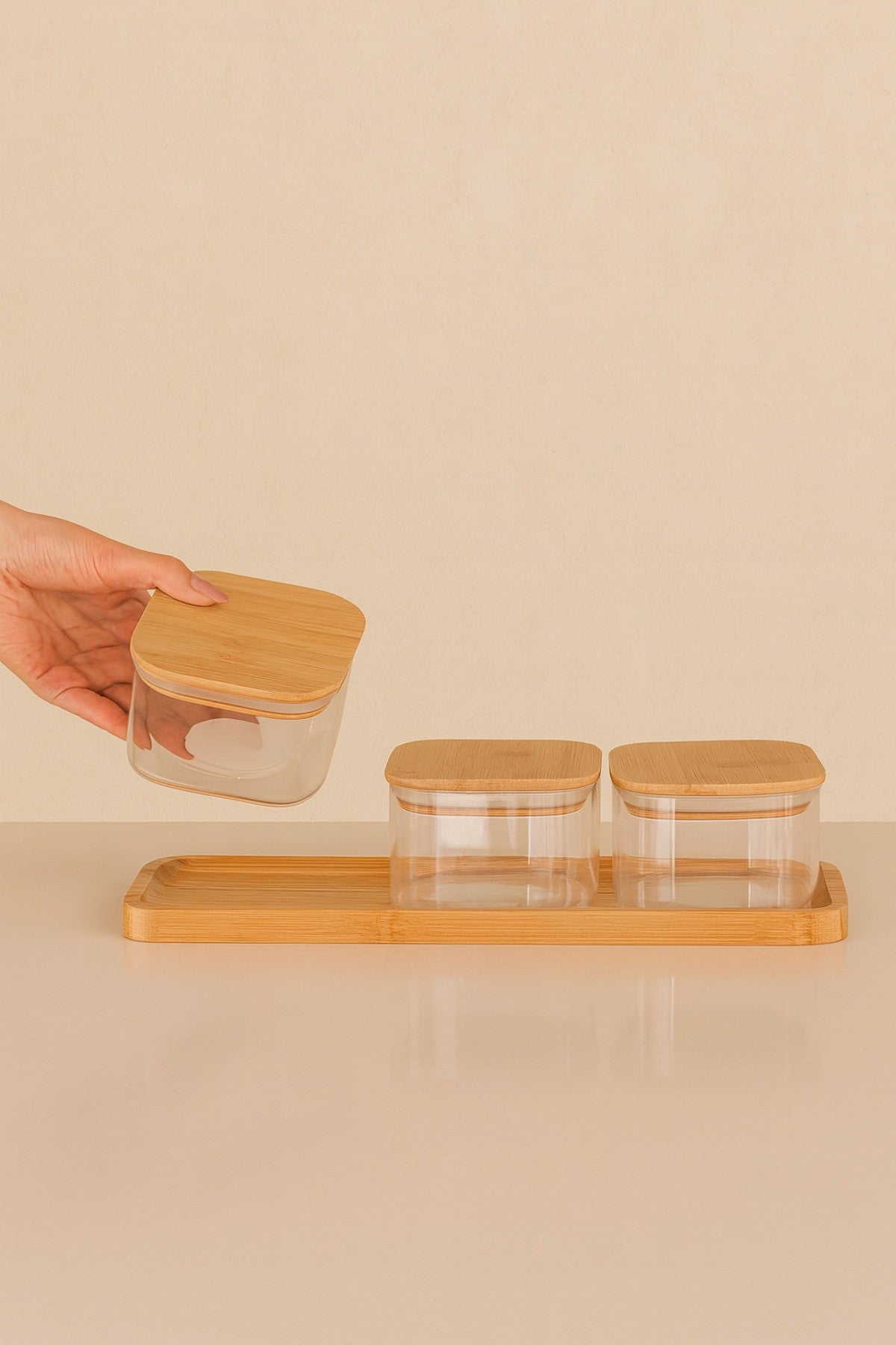Doğal Bambu Kare Kapaklı Şeffaf 3’lü Cam Kavanoz Kahvaltılık,Saklama Kabı Ahşap Standlı,Kavanoz Seti