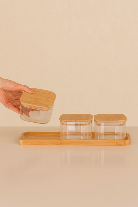 Doğal Bambu Kare Kapaklı Şeffaf 3’lü Cam Kavanoz Kahvaltılık,Saklama Kabı Ahşap Standlı,Kavanoz Seti