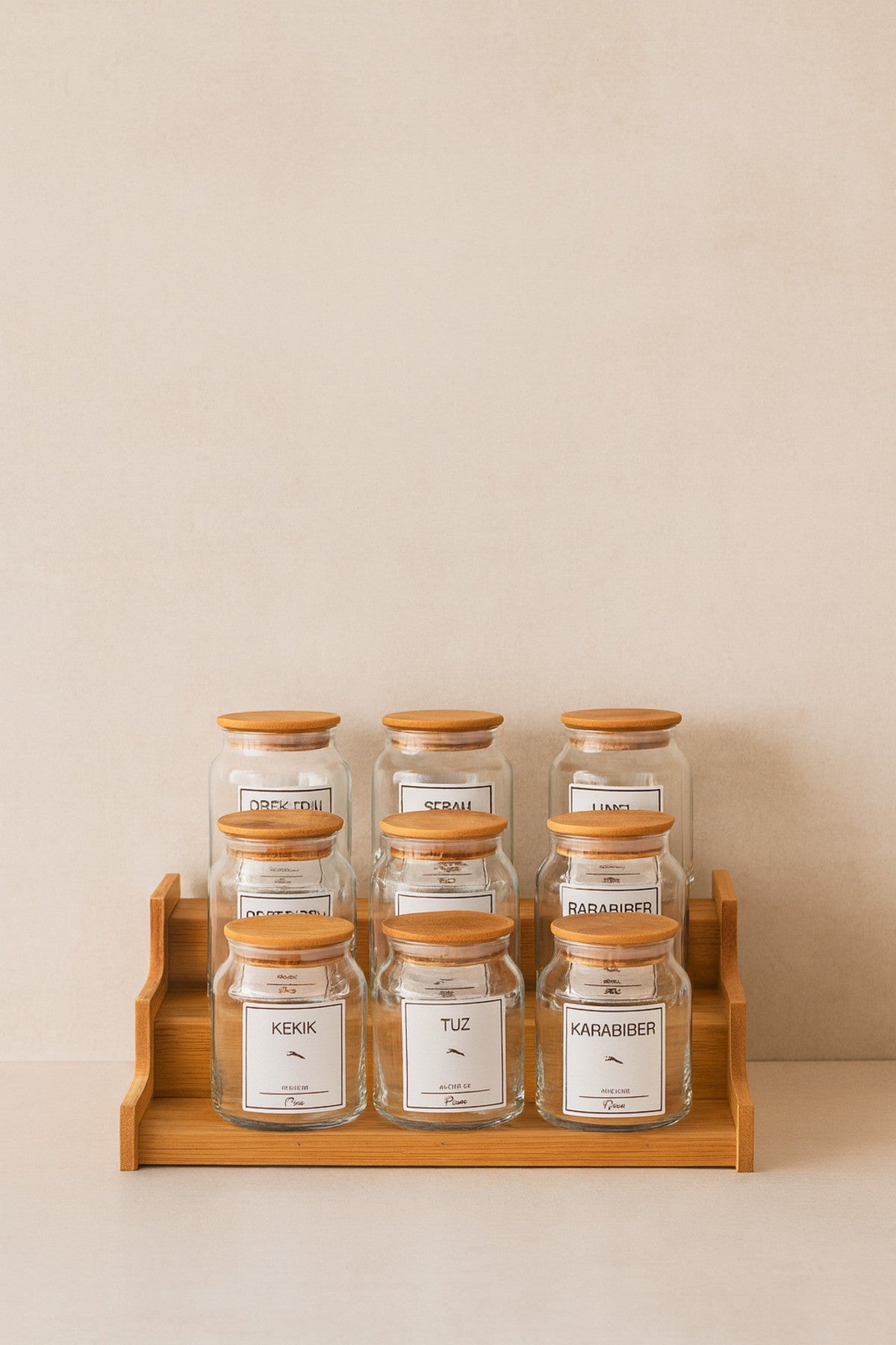 9 Lu Cam Bambu Vakum Kapaklı Baharat Seti Kapaklı, Etiketli, Merdiven Standlı Set