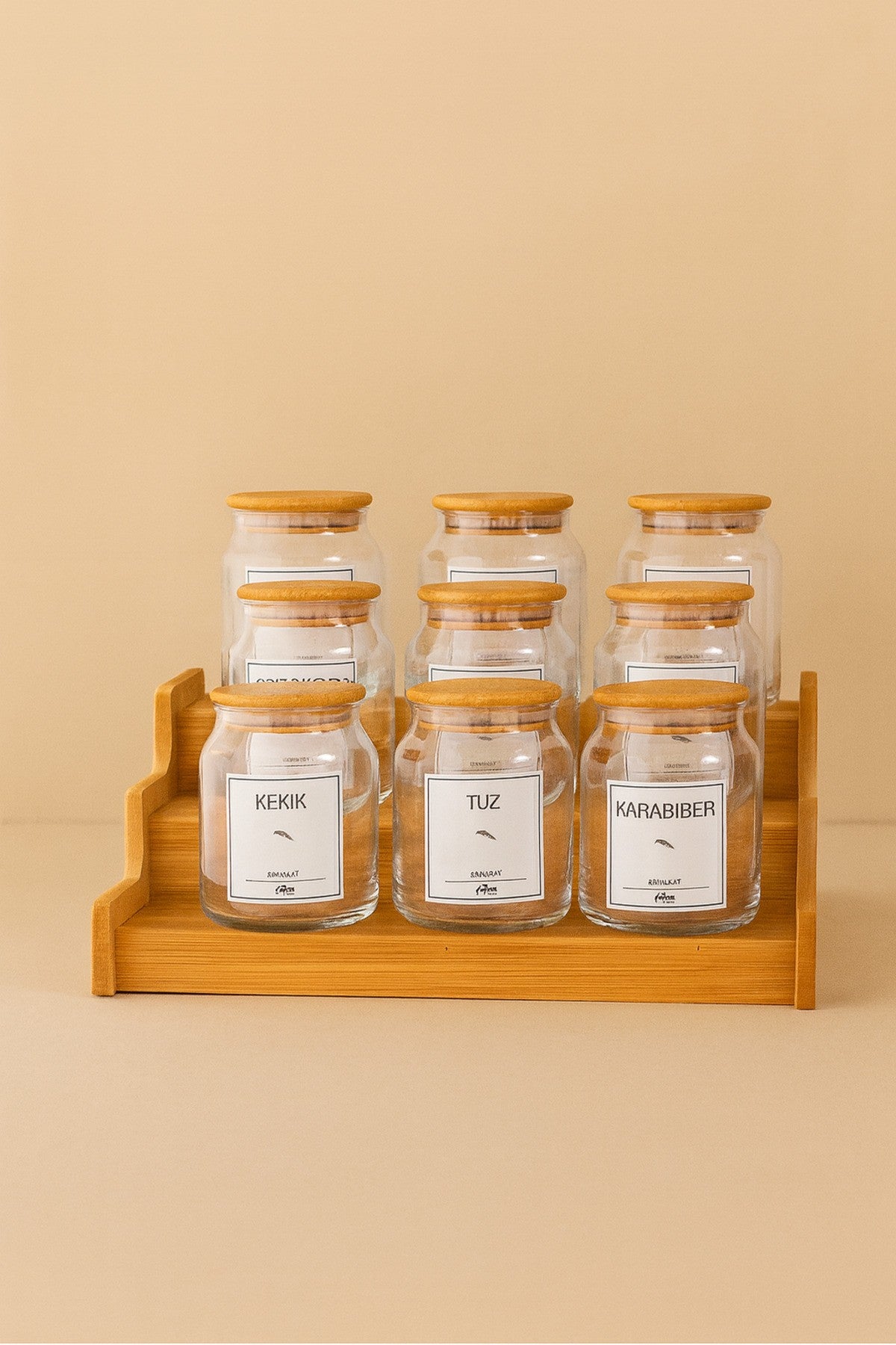9 Lu Cam Bambu Vakum Kapaklı Baharat Seti Kapaklı, Etiketli, Merdiven Standlı Set