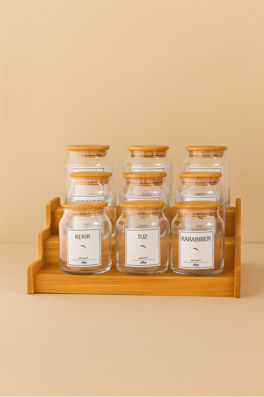 9 Lu Cam Bambu Vakum Kapaklı Baharat Seti Kapaklı, Etiketli, Merdiven Standlı Set