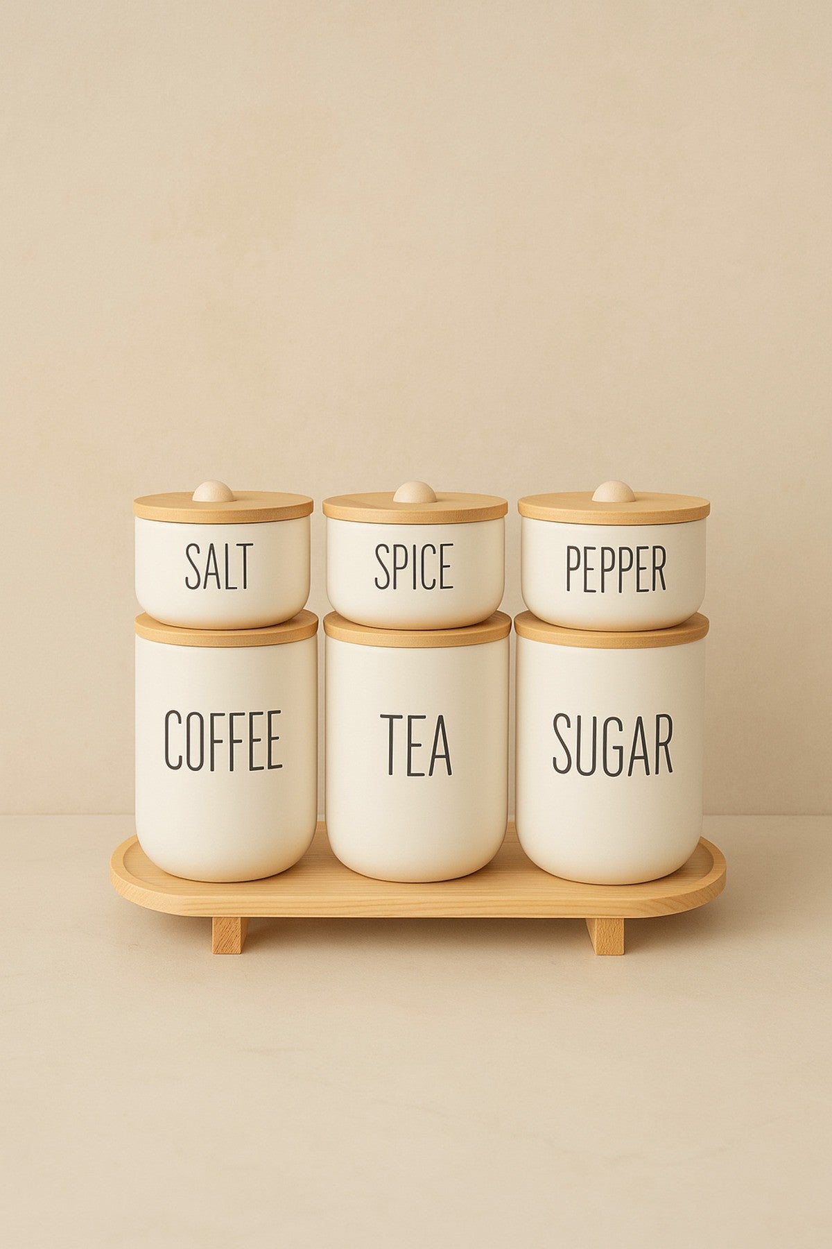 3lü Bambu Kapaklı Ahşap Ayaklı Altlıklı Çay/Kahve/Şeker ve 3Lü Bambu Kapaklı Salt/Pepper/Spice