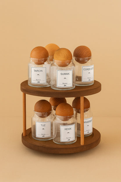 Ahşap Döner Standlı 8li Ahşap Top Kapaklı Etiketli Baharatlık Seti