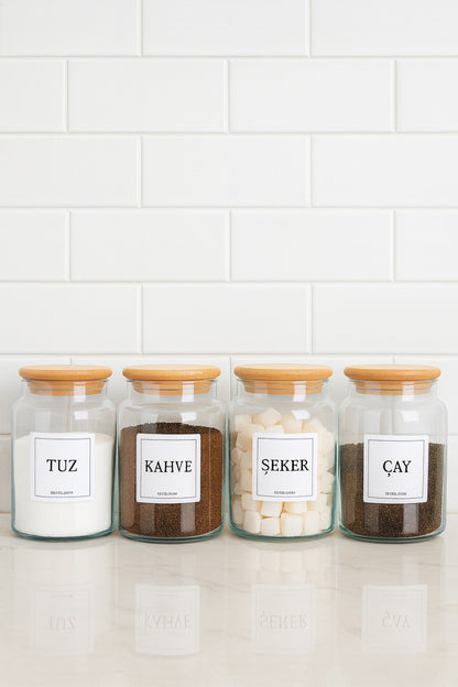 4'lü Ahşap Vakumlu Kapaklı Kahve Çay Şeker Tuz Kavanozu Cam Seti