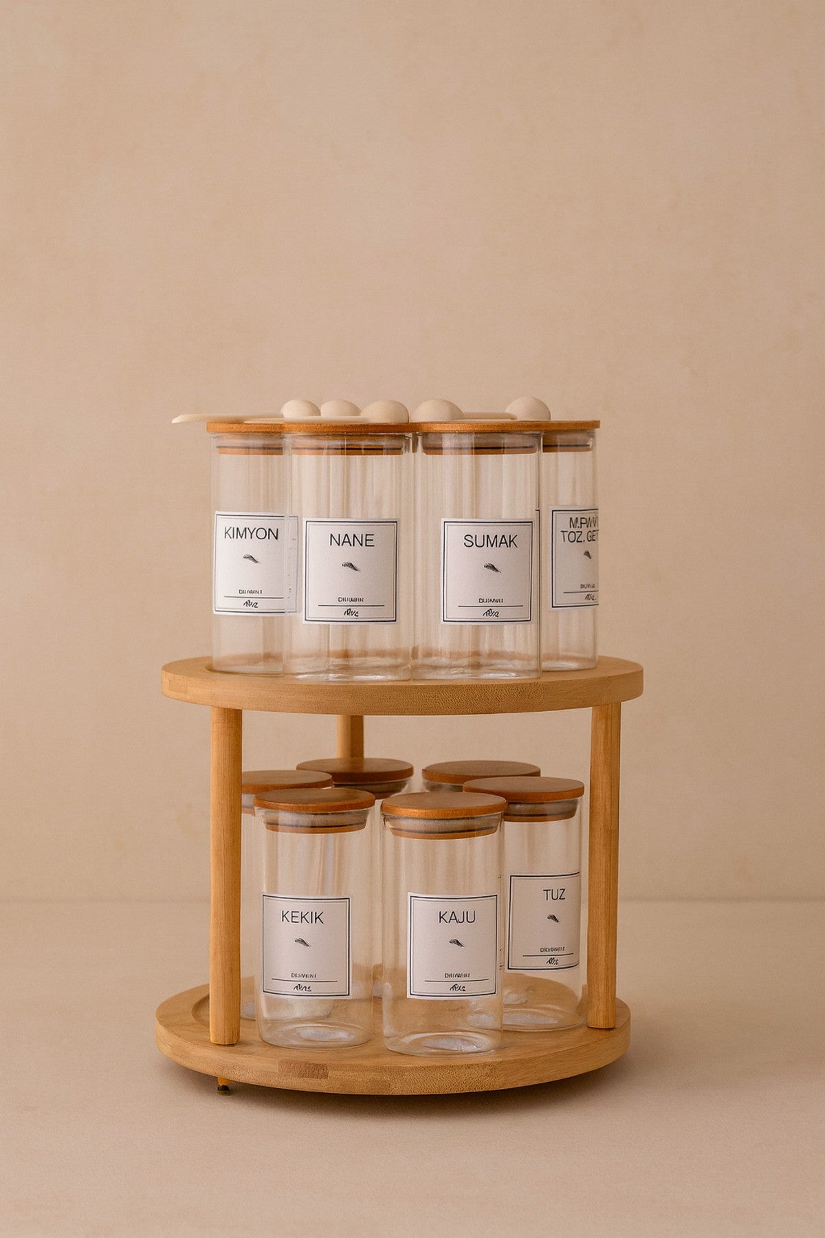 12li Ahşap Döner Standlı Baharat Seti 300ml 12 Adet Ahşap Kaşık