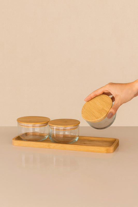 Doğal Bambu Yuvarlak Kapaklı Şeffaf 3’lü Cam Kavanoz Kahvaltılık,Saklama Kabı Ahşap Standlı Set