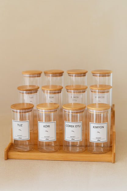 Ahşap Merdiven Standlı 12li 300 ml Baharatlık 12 Adet Ahşap Kaşık