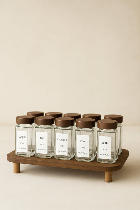 12Li Cam Akasya Kapaklı Kare Baharatlık Seti Stand Hediyeli (14 adet etiket)