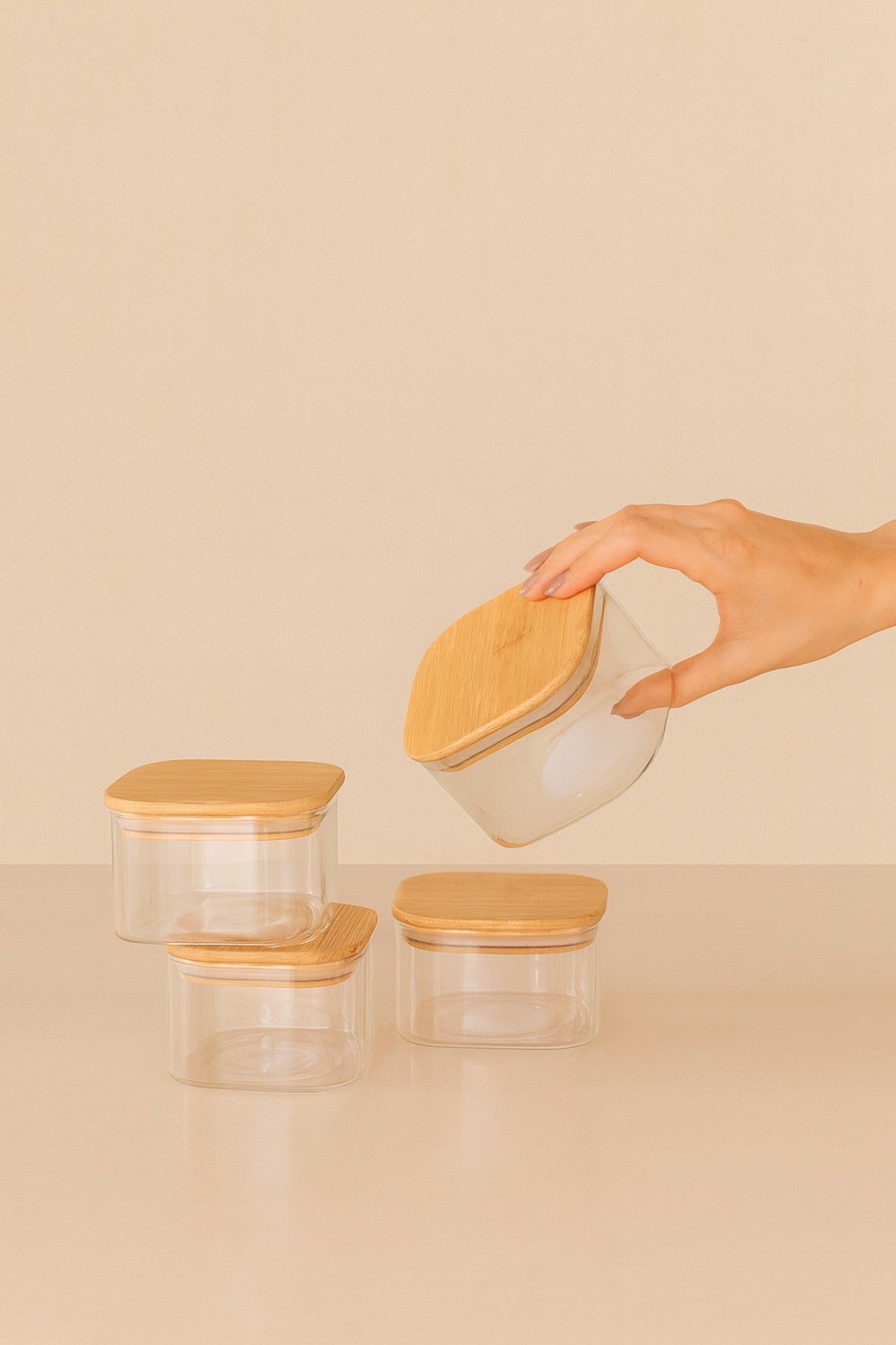 Doğal Bambu Kare Kapaklı Şeffaf 3’lü Cam Kavanoz Kahvaltılık,Saklama Kabı Ahşap Standlı,Kavanoz Seti
