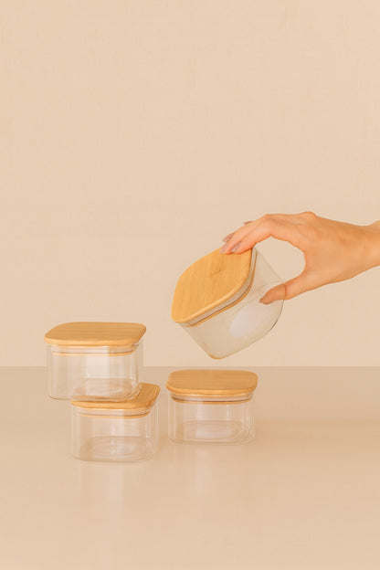 Doğal Bambu Kare Kapaklı Şeffaf 3’lü Cam Kavanoz Kahvaltılık,Saklama Kabı Ahşap Standlı,Kavanoz Seti