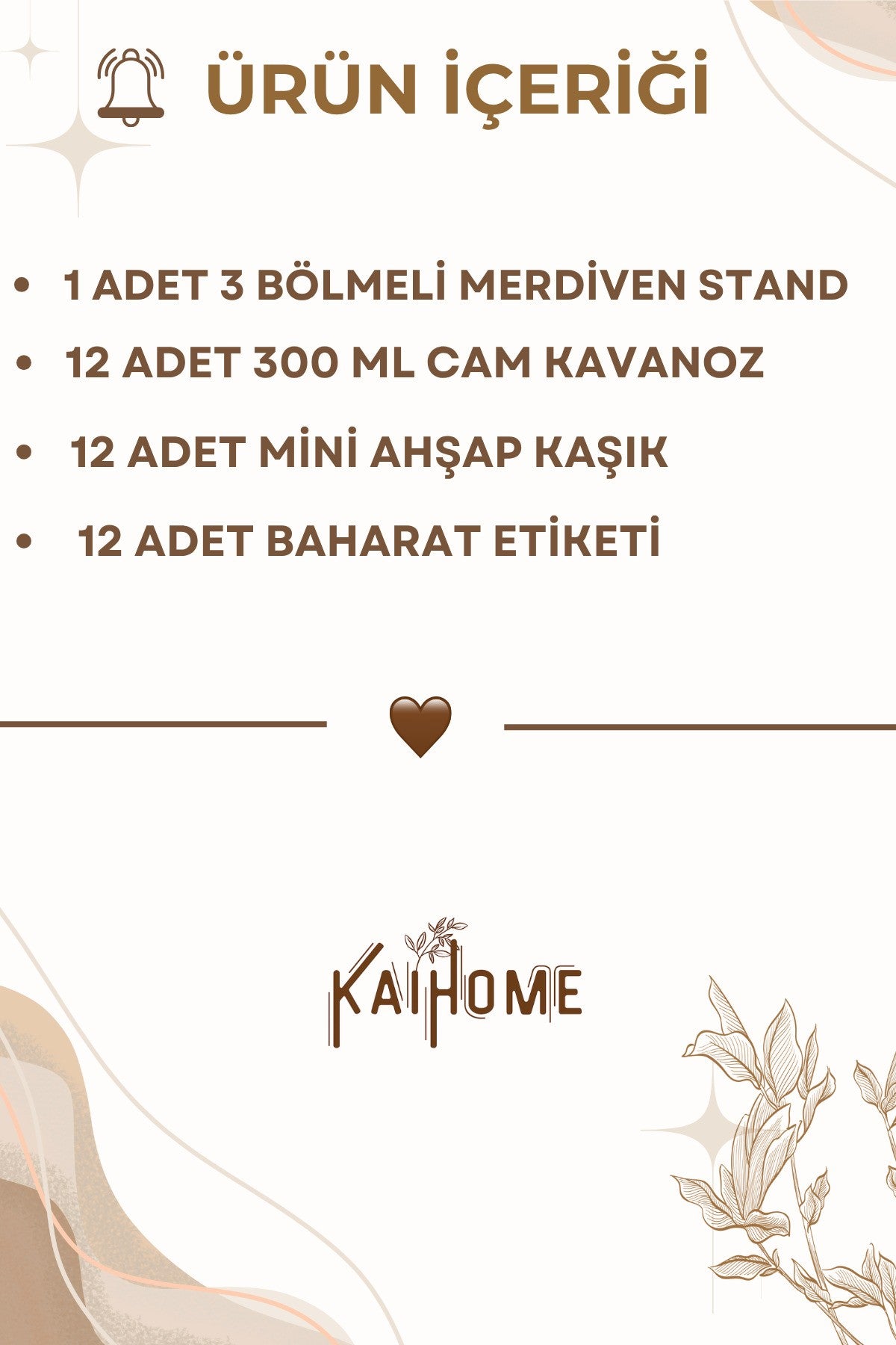 Ahşap Merdiven Standlı 12li 300 ml Baharatlık 12 Adet Ahşap Kaşık