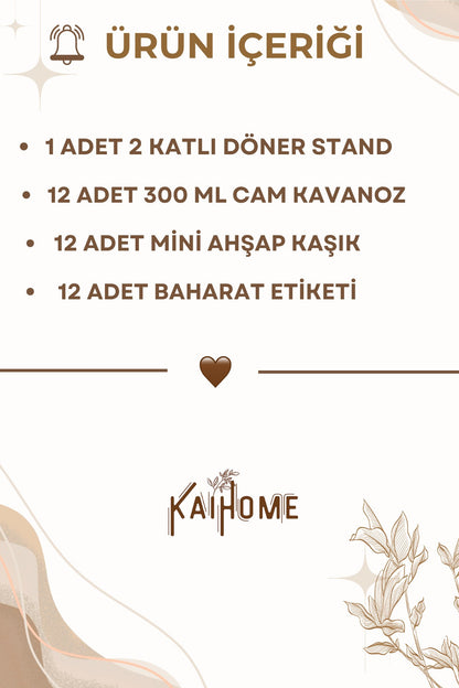 12li Ahşap Döner Standlı Baharat Seti 300ml 12 Adet Ahşap Kaşık