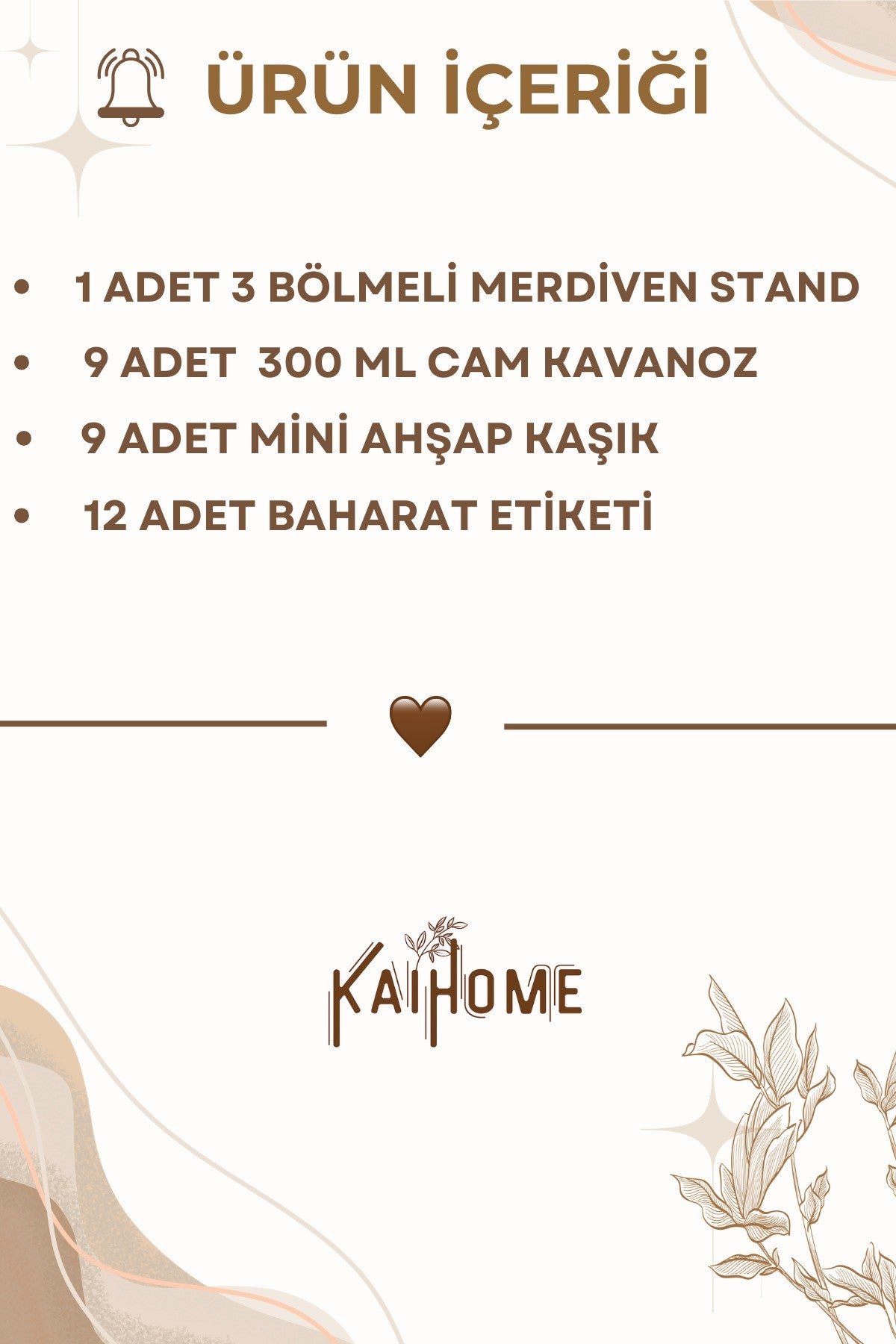 9 Lu Cam Bambu Vakum Kapaklı Baharat Seti Kapaklı, Etiketli, Merdiven Standlı Set