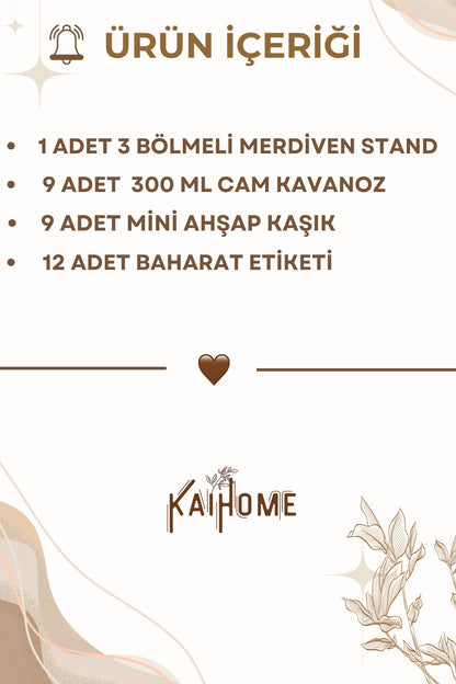 9 Lu Cam Bambu Vakum Kapaklı Baharat Seti Kapaklı, Etiketli, Merdiven Standlı Set