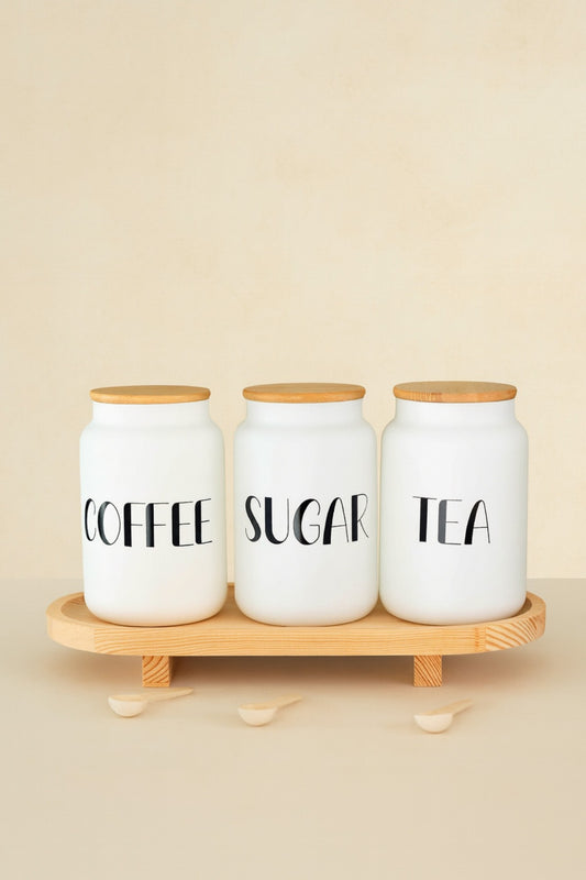 3lü Bambu Altlıklı Çay/kahve/şeker Kavanoz+3 Adet Ahşap Kaşık