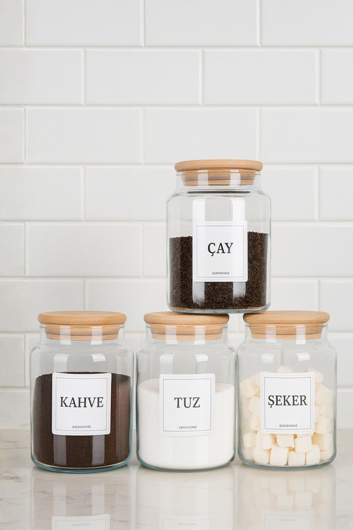 4'lü Ahşap Vakumlu Kapaklı Kahve Çay Şeker Tuz Kavanozu Cam Seti