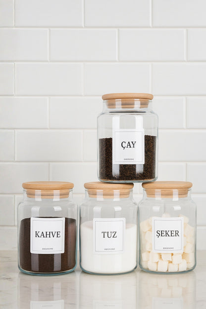 4'lü Ahşap Vakumlu Kapaklı Kahve Çay Şeker Tuz Kavanozu Cam Seti