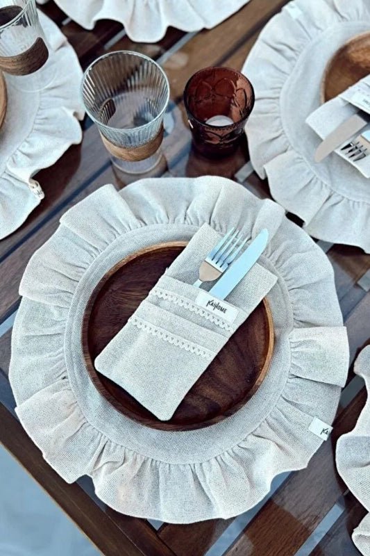 6lı Ham Keten Dantel Detaylı  2Bölmeli Kaşıklık / Peçetelik