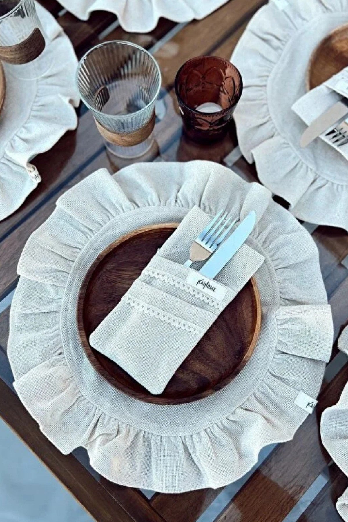 6Lı Ham Keten Yuvarlak Fırfır Detaylı Amerikan Servis/ Supla