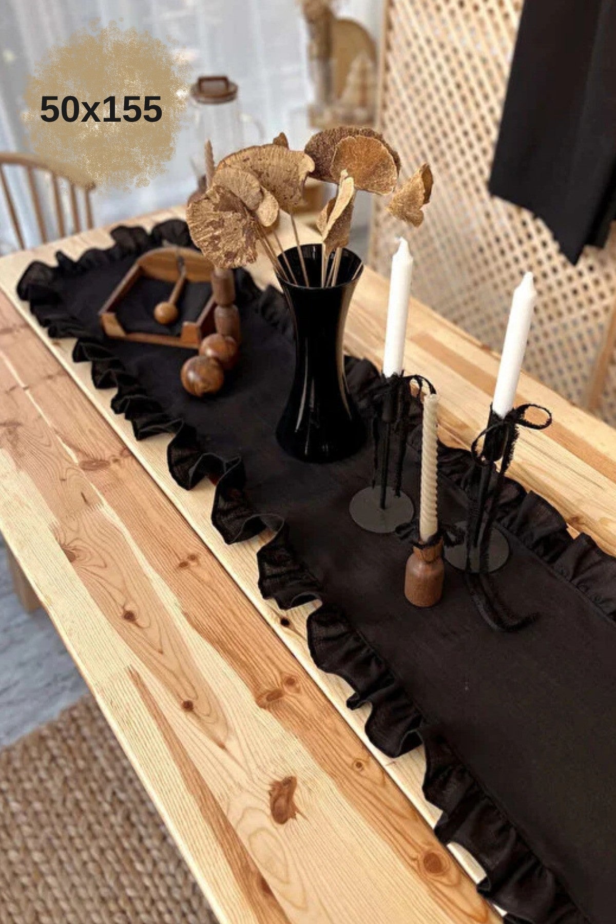 Fırfırlı Siyah %100 Keten Kumaş Runner 50cm X 155cm