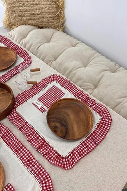 2Li Cepli Ham Keten Kareli Fırfır Detaylı Amerikan Servis/ Supla