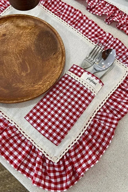 2Li Cepli Ham Keten Kareli Fırfır Detaylı Amerikan Servis/ Supla