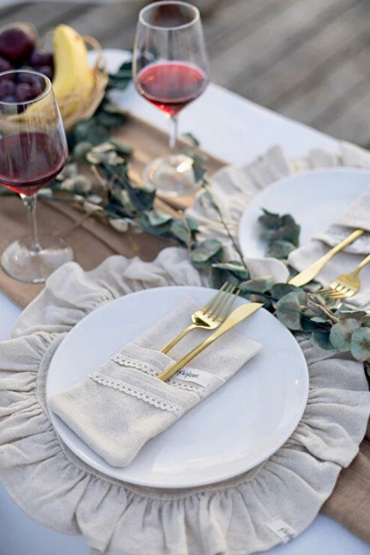 6lı Ham Keten Dantel Detaylı  2Bölmeli Kaşıklık / Peçetelik